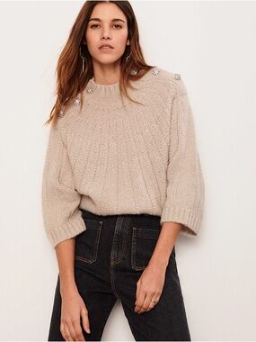 BA&SH Greige Gray Rhinestone Embellished Button Shoulder Sweater Pullover